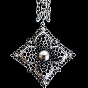 Filigree Diamond Shape Pendant Necklace Silver Tone Ornate Statement Piece